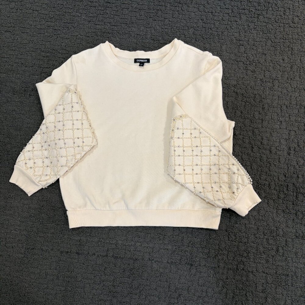 NWOT** Express Pearl Rhinestone Embellished L/Sleeve Crew Neck Sz: S